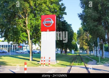 Kyiv, Ukraine - July 29, 2020: Nissan dealership logo. Nissan Motor Corporation is a Japanese multinational automobile manufacturer headquartered in N Stock Photo