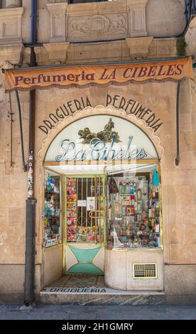 Facade of a drugstore and perfumery (translation of drogueria perfumeria) in the city of Salamanca, Spain Stock Photo