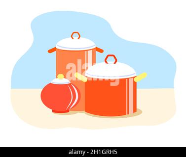 Cute red stockpots with white lids. Cartoon kitchen utensils on a light background. Vector illustration Stock Vector