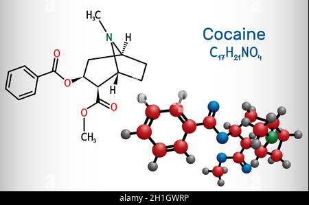 Cocaine, coke, coca molecule. It is tropane alkaloid with central nervous systems CNS stimulating, local anesthetic, vasoconstrictor. Structural chemi Stock Vector