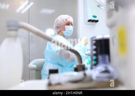 The work of doctors and dentists in the operating room. The device of artificial ventilation of lungs.Copy space. Stock Photo