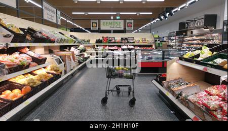 WETZLAR, GERMANY - DEZEMBER 18 2019: Aisle with fruits food products, interior of an ALDI SUED discount supermarket. Stock Photo