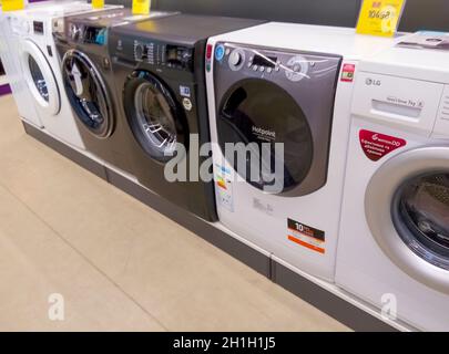 Kyiv, Ukraine - August 16, 2020: Rows of modern washing machines in a store EpiCentre at Kyiv, Ukraine on August 16, 2020. Stock Photo