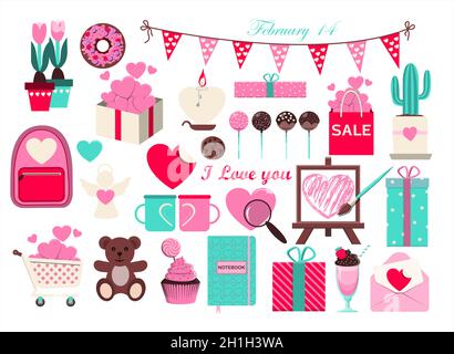 Huge set of icons for Valentine s day. Vector illustration of 50 objects for the holiday on February 14. Set of flat design drawings for romance Stock Vector