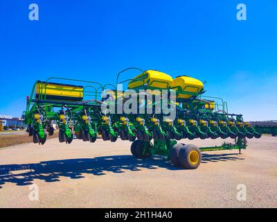 Kyiv, Ukraine - August 24, 2020: Large modern high-precision seeder JOHN DEERE 1745 at road at Kyiv, Ukraine on August 24, 2020. Agricultural machiner Stock Photo