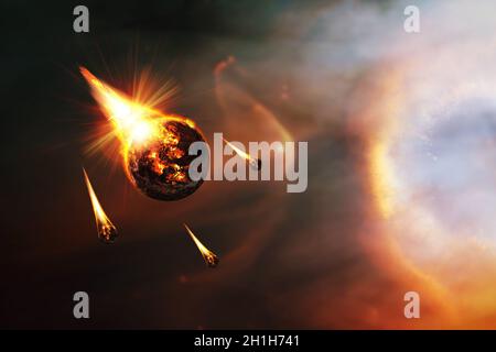 Apocalyptic abstract background with a burning planet . Elements of this image furnished by NASA. Stock Photo