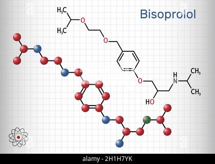 Bisoprolol molecule. It is cardioselective beta-blocker, used to treat high blood pressure, hypertension. Structural chemical formula and molecule mod Stock Vector