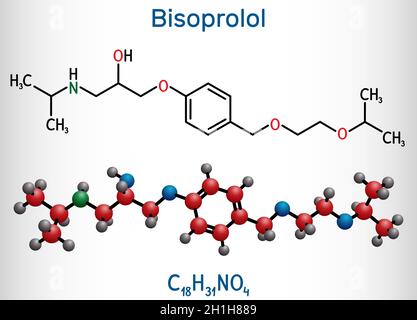 Bisoprolol molecule. It is cardioselective beta-blocker, used to treat high blood pressure, hypertension. Structural chemical formula and molecule mod Stock Vector