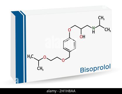 Bisoprolol molecule. It is cardioselective beta-blocker, used to treat high blood pressure, hypertension. Skeletal chemical formula. Paper packaging f Stock Vector