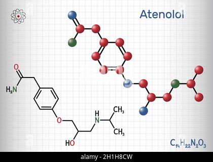 Atenolol cardioselective beta-blocker molecule. It is antihypertensive, hypotensive and antiarrhythmic drug. Structural chemical formula and molecule Stock Vector