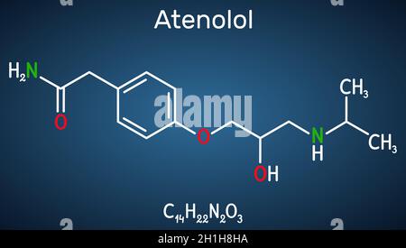 Atenolol cardioselective beta-blocker molecule. It is antihypertensive, hypotensive and antiarrhythmic drug. Structural chemical formula on the dark b Stock Vector