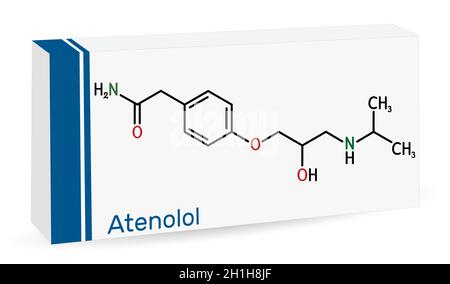 Atenolol cardioselective beta-blocker molecule. It is antihypertensive, hypotensive and antiarrhythmic drug. Skeletal chemical formula. Paper packagin Stock Vector