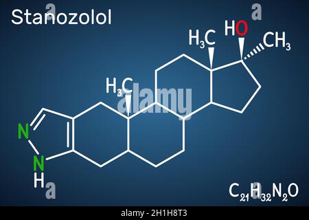 Stanozolol, Stz molecule. It is androgen, synthetic anabolic steroid, used in treating hereditary angioedema. Structural chemical formula on the dark Stock Vector