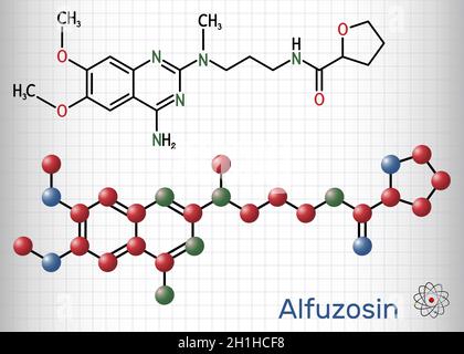 Alfuzosin molecule. It is antineoplastic agent, an antihypertensive agent, an alpha-adrenergic antagonist. Structural chemical formula and molecule mo Stock Vector
