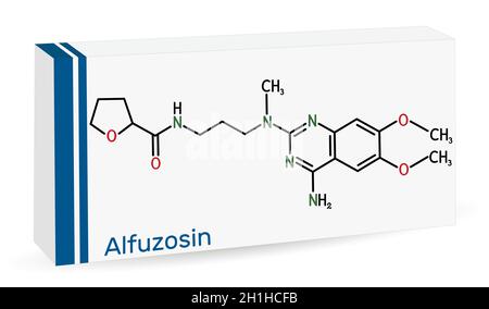 Alfuzosin molecule. It is antineoplastic agent, an antihypertensive agent, an alpha-adrenergic antagonist. Skeletal chemical formula. Paper packaging Stock Vector