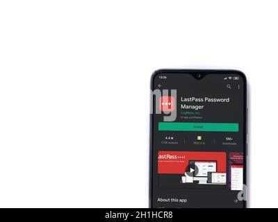 Lod, Israel - July 8, 2020: LastPass Password Manager app play store page on the display of a black mobile smartphone isolated on white background. To Stock Photo