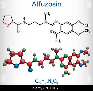 Alfuzosin molecule. It is antineoplastic agent, an antihypertensive agent, an alpha-adrenergic antagonist. Structural chemical formula and molecule mo Stock Vector