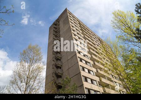Residential area of abandoned Pripyat city in Chernobyl Exclusion Zone, Ukraine Stock Photo