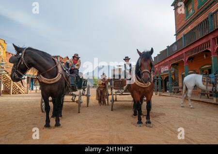 TABERNAS, SPAIN - SEPTEMBER 21, 2008: Sheriffs and horses at Mini Hollywood, Almeria Province, Andalusia Stock Photo