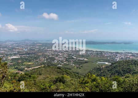 View of thai islands and sea from Big Buddha Phuket viewpoint, Thailand Stock Photo