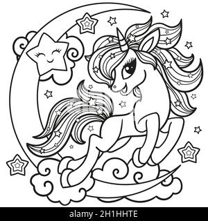 Cartoon, cute unicorn. Black and white linear image. Vector. Stock Vector
