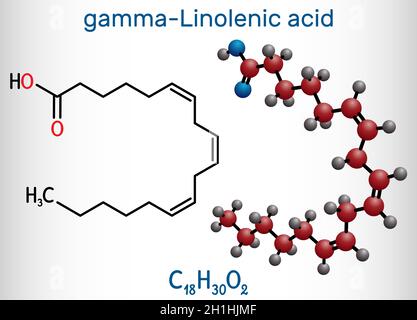 Gamma-Linolenic acid, GLA, gamolenic acid molecule. It is Omega 6, polyunsaturated long-chain fatty acid found in seed oils. Structural chemical formu Stock Vector