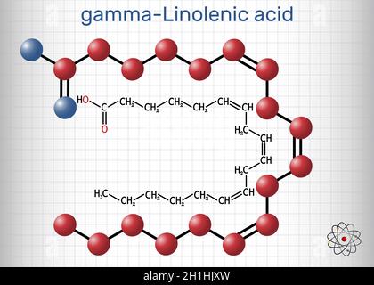 Gamma-Linolenic acid, GLA, gamolenic acid molecule. It is Omega 6, polyunsaturated long-chain fatty acid found in seed oils. Structural chemical formu Stock Vector