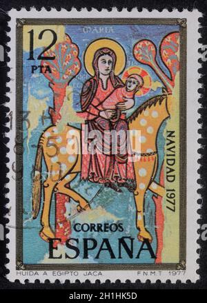 Christmas stamp printed in Spain shows Flight to Egypt, circa 1977 Stock Photo