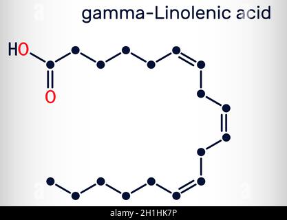 Gamma-Linolenic acid, GLA, gamolenic acid molecule. It is Omega 6, polyunsaturated long-chain fatty acid found in seed oils. Skeletal chemical formula Stock Vector