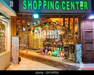 Sharm El Sheikh, Egypt - September 15, 2020: The local gift shop in Egyptian souvenir shop at Sharm El Sheikh, Egypt on September 15, 2020 Stock Photo
