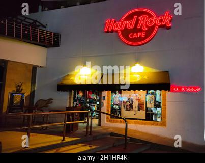 Sharm El Sheikh, Egypt - September 13, 2020: Hard Rock Cafe in popular shopping and entertainment district of Naama Bay in evening at Sharm El Sheikh, Stock Photo