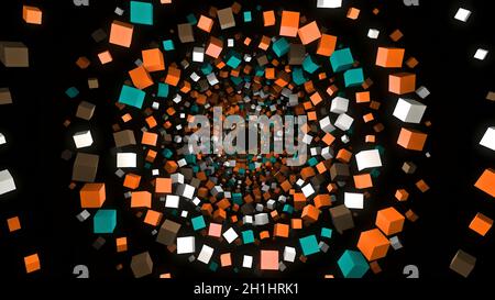 Tunnel of 3D colored squares on black background. Animation. Beautiful hypnotic tunnel of colorful cubes. Distance from spiral of many bright cubes. Stock Photo