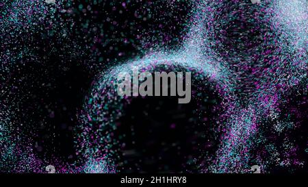 Dust moves around ball. Animation. Colorful dust is blown up in form of balls. Magnetized dust moves in streams on black background. Stock Photo