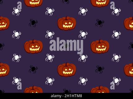 Bright seamless pattern with pumpkins and spiders on purple background. Festive autumn print for Halloween. Holiday October decoration for paper print, textile and design Stock Vector