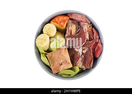 Dog bowl with species appropriated raw food like chunks of raw meat, fish, vegetables and fruits on white background Stock Photo