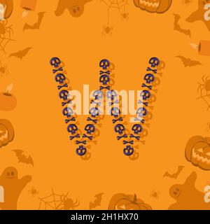 Halloween letter W from skulls and crossbones for design. Festive font for holiday and party on orange background with pumpkins, spiders, bats and ghosts Stock Vector
