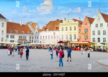 TALLINN, ESTONIA - JULY 14, 2019:  Tourists at famous Town Hall Square in Tallinn, Estonia Stock Photo