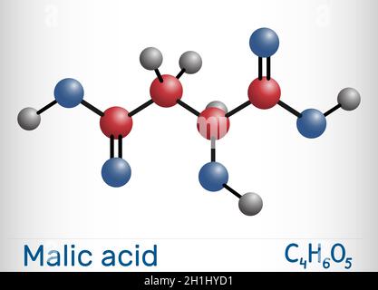 Malic acid C4H6O5 molecule, is dicarboxylic acid. Structural chemical ...