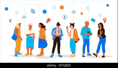 Group of people communicate in Internet using phones and talking, flat vector illustration isolated on white background. Communication and social netw Stock Vector