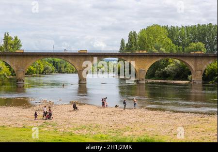 Limeuil, France - August 15, 2019: People at the Parc Panoramique. Dordogne River meeting Vezere River at Limeuil, Dordogne, France. Stock Photo