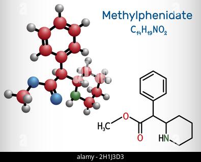 Methylphenidate, MP, MPH molecule. It is central nervous system stimulant. Used in treatment of Attention-Deficit Hyperactivity Disorder, ADHD. Struct Stock Vector