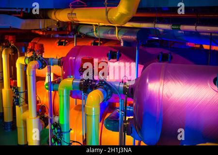 Water Filtration Room, Pipes and Tanks at Aquarium Stock Photo