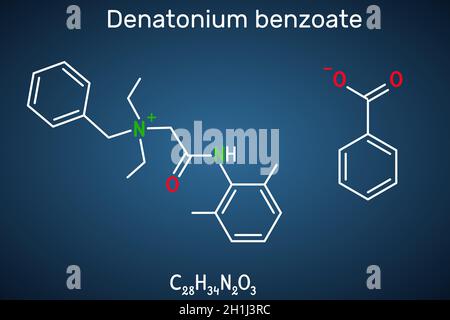 Denatonium benzoate molecule. It has the most bitter taste of any compound known to science. Structural chemical formula on the dark blue background. Stock Vector