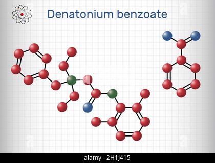 Denatonium benzoate molecule. It has the most bitter taste of any compound known to science. Structural chemical formula and molecule model. Sheet of Stock Vector