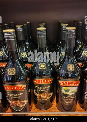 Kyiv, Ukraine - September 15, 2020: Bottles of Baileys on sale in the Duty Free Store in Airport at Kyiv, Ukraine on September 15, 2020 Stock Photo