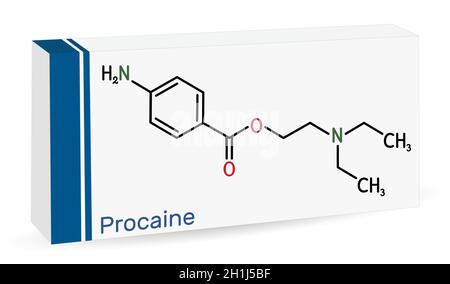 Procaine molecule. Is a local anesthetic drug. Skeletal chemical formula. Paper packaging for drugs. Vector illustration Stock Vector