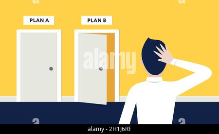 Difficult choice. Vector illustration in flat design. Office man is standing in front of two doors with plans a and b Stock Vector