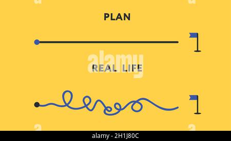 Expectation and reality. Vector illustration. Minimal style. Easy way and difficult curvy path diagram Stock Vector