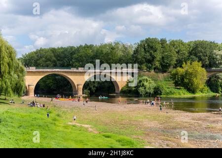 Limeuil, France - August 15, 2019: People at the Parc Panoramique. Dordogne River meeting Vezere River at Limeuil, Dordogne, France. Stock Photo