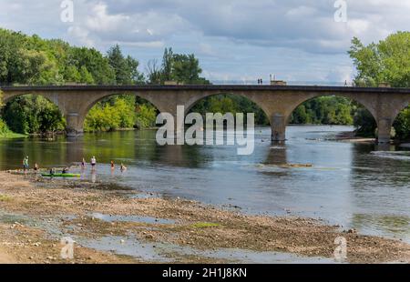 Limeuil, France - August 15, 2019: People at the Parc Panoramique. Dordogne River meeting Vezere River at Limeuil, Dordogne, France. Stock Photo